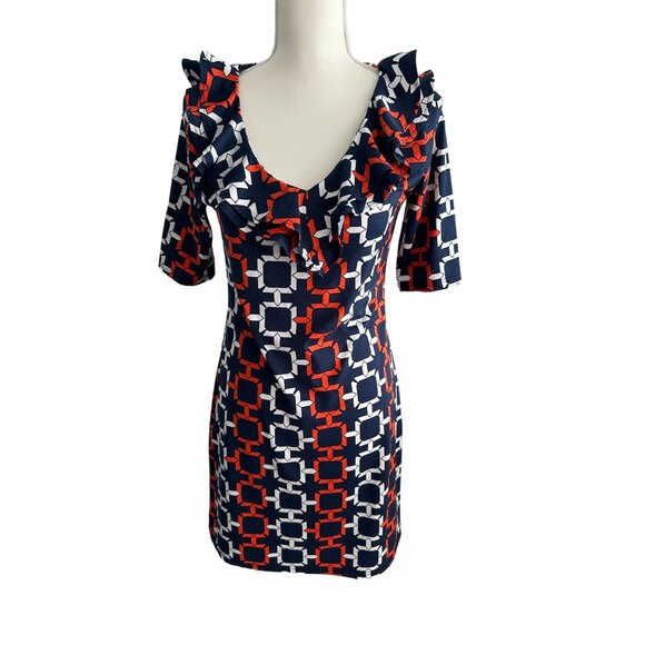 TRACY NEGOSHIAN Orange Navy Blue Ruffle V Neck Dress Size XS - Picture 3 of 8